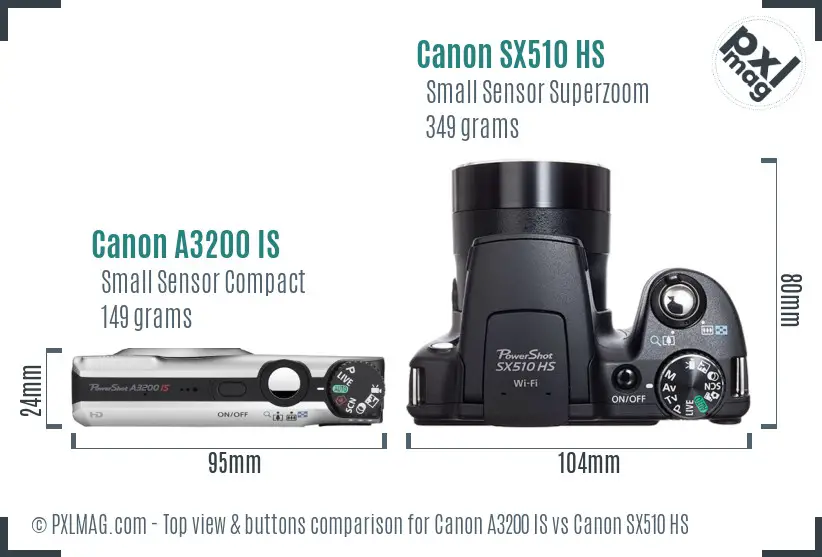 Canon A3200 IS vs Canon SX510 HS top view buttons comparison Canon A3200 IS vs Canon SX510 HS top view buttons comparison