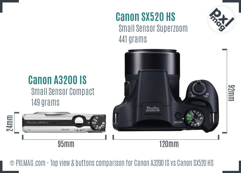 Canon A3200 IS vs Canon SX520 HS top view buttons comparison