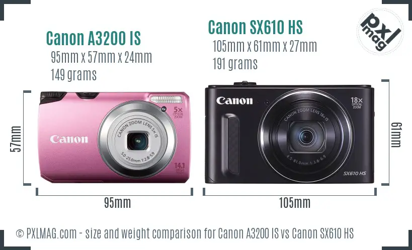 Canon A3200 IS vs Canon SX610 HS size comparison