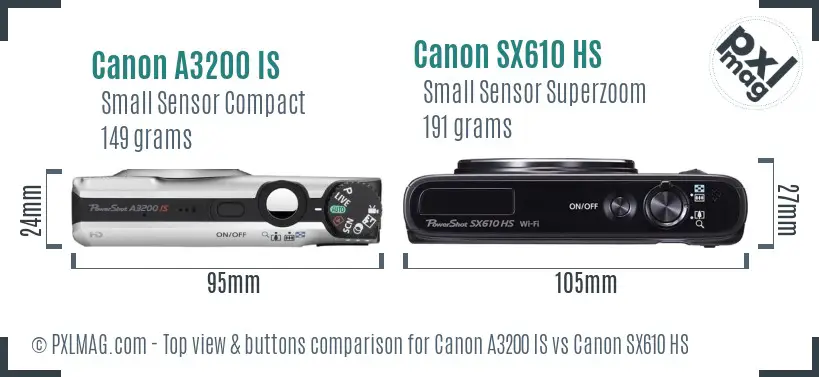 Canon A3200 IS vs Canon SX610 HS top view buttons comparison