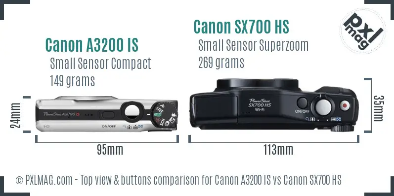 Canon A3200 IS vs Canon SX700 HS top view buttons comparison