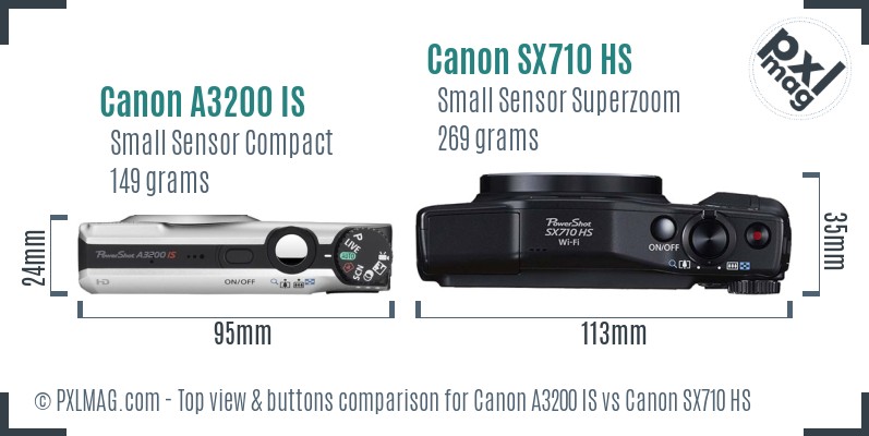 Canon A3200 IS vs Canon SX710 HS top view buttons comparison