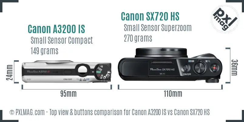 Canon A3200 IS vs Canon SX720 HS top view buttons comparison