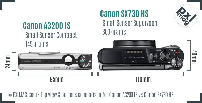 Canon A3200 IS vs Canon SX730 HS top view buttons comparison
