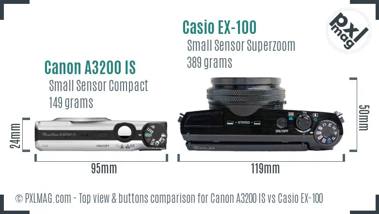 Canon A3200 IS vs Casio EX-100 top view buttons comparison Canon A3200 IS vs Casio EX-100 top view buttons comparison