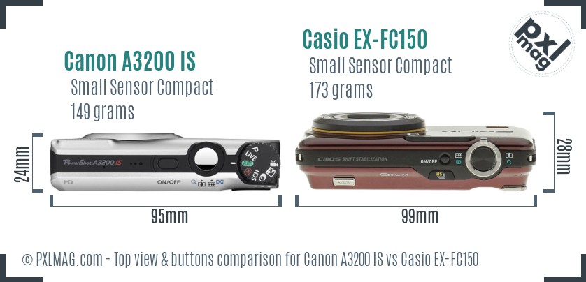 Canon A3200 IS vs Casio EX-FC150 top view buttons comparison