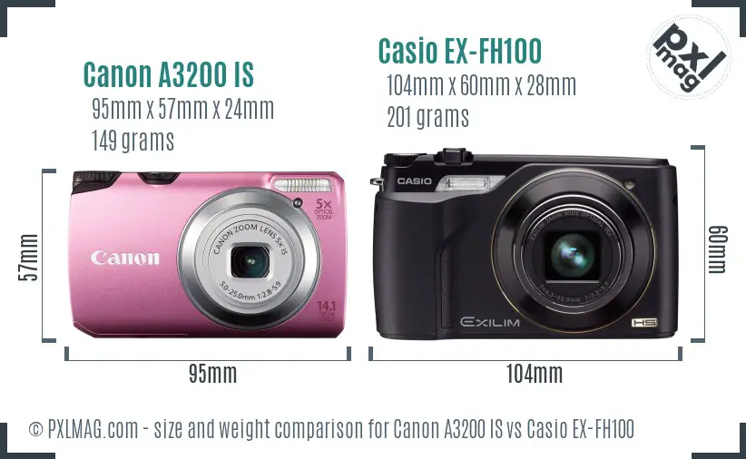 Canon A3200 IS vs Casio EX-FH100 size comparison
