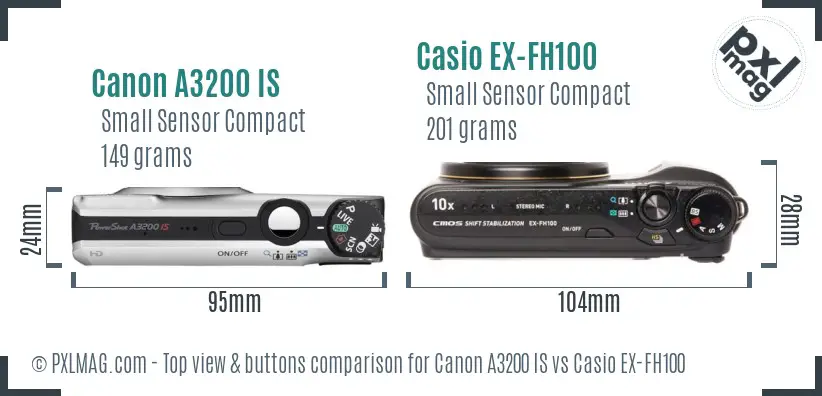Canon A3200 IS vs Casio EX-FH100 top view buttons comparison
