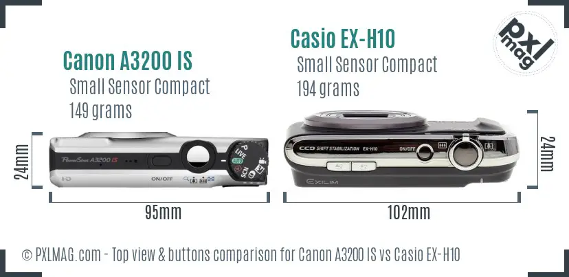 Canon A3200 IS vs Casio EX-H10 top view buttons comparison Canon A3200 IS vs Casio EX-H10 top view buttons comparison