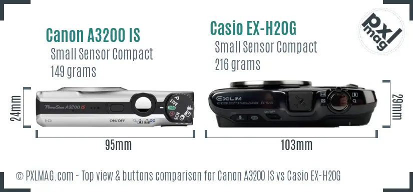 Canon A3200 IS vs Casio EX-H20G top view buttons comparison