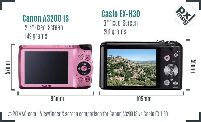 Canon A3200 IS vs Casio EX-H30 Screen and Viewfinder comparison