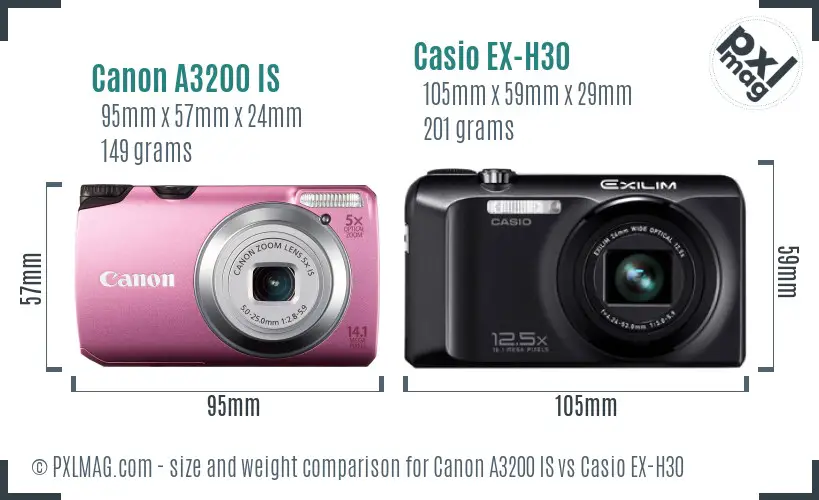 Canon A3200 IS vs Casio EX-H30 size comparison