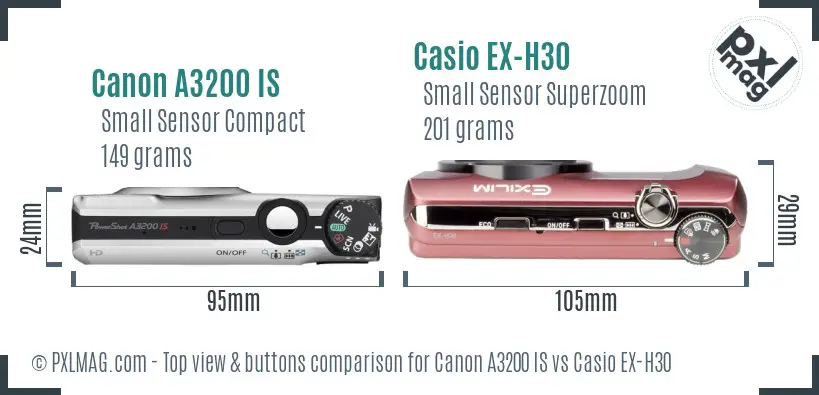 Canon A3200 IS vs Casio EX-H30 top view buttons comparison