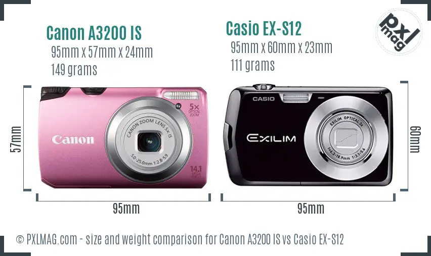 Canon A3200 IS vs Casio EX-S12 size comparison