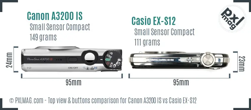 Canon A3200 IS vs Casio EX-S12 top view buttons comparison