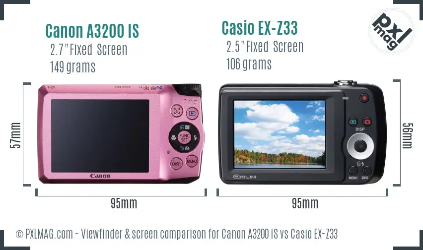 Canon A3200 IS vs Casio EX-Z33 Screen and Viewfinder comparison