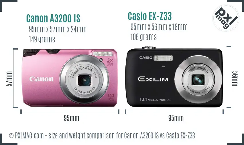 Canon A3200 IS vs Casio EX-Z33 size comparison