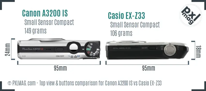 Canon A3200 IS vs Casio EX-Z33 top view buttons comparison