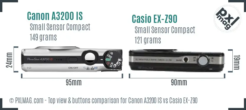 Canon A3200 IS vs Casio EX-Z90 top view buttons comparison Canon A3200 IS vs Casio EX-Z90 top view buttons comparison