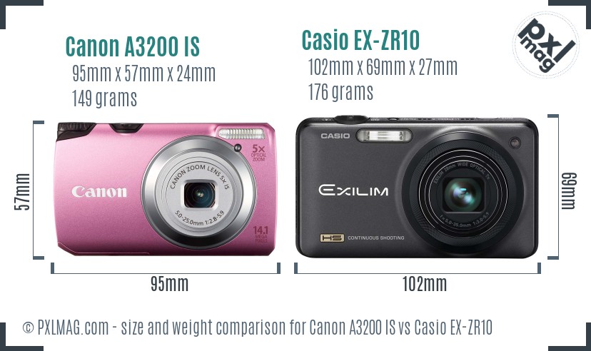 Canon A3200 IS vs Casio EX-ZR10 size comparison