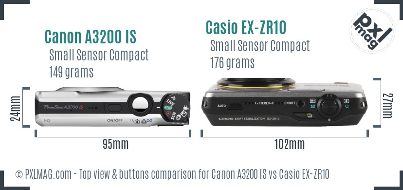 Canon A3200 IS vs Casio EX-ZR10 top view buttons comparison