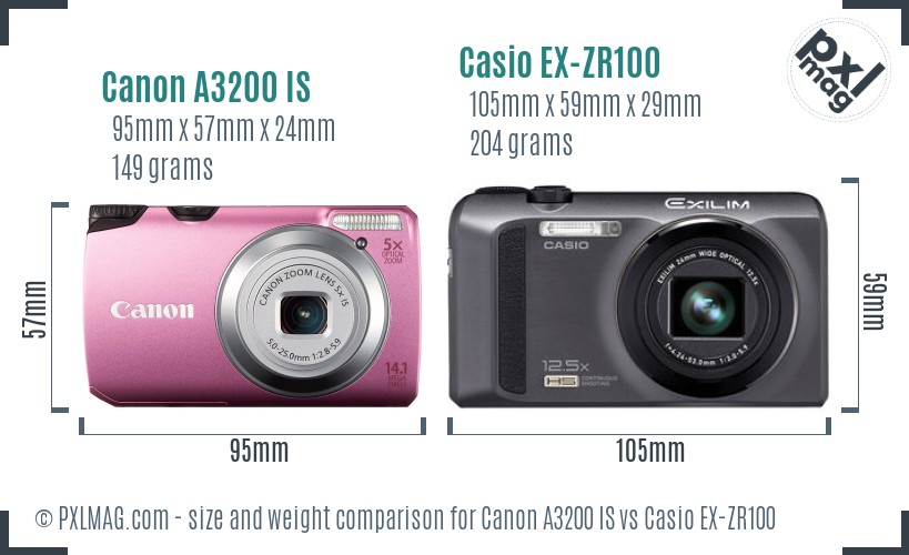 Canon A3200 IS vs Casio EX-ZR100 size comparison