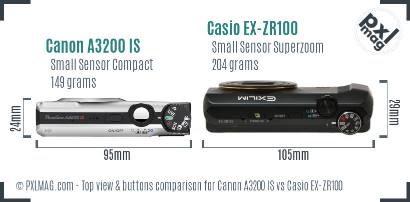 Canon A3200 IS vs Casio EX-ZR100 top view buttons comparison