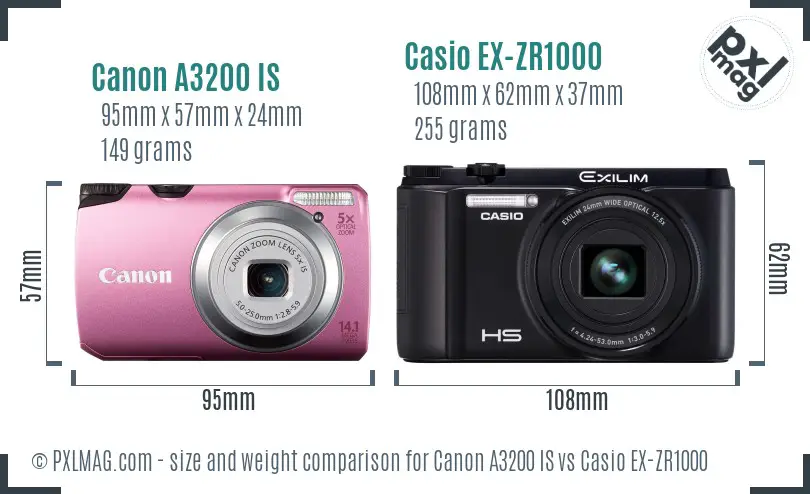 Canon A3200 IS vs Casio EX-ZR1000 size comparison