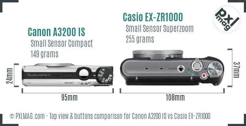Canon A3200 IS vs Casio EX-ZR1000 top view buttons comparison