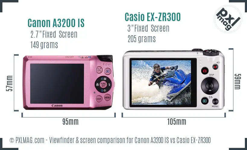 Canon A3200 IS vs Casio EX-ZR300 Screen and Viewfinder comparison
