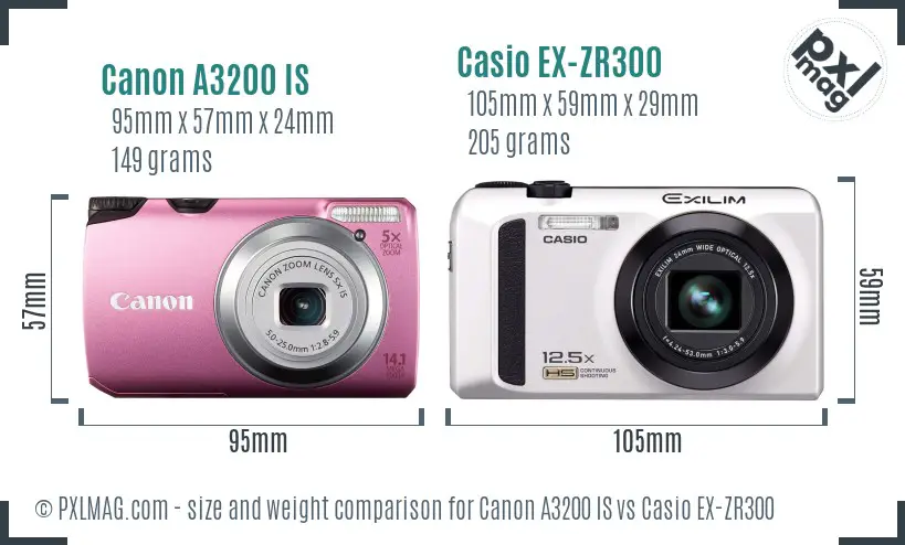 Canon A3200 IS vs Casio EX-ZR300 size comparison