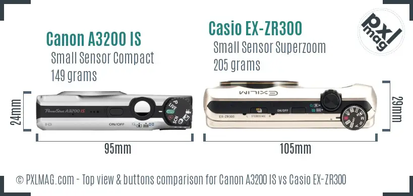 Canon A3200 IS vs Casio EX-ZR300 top view buttons comparison