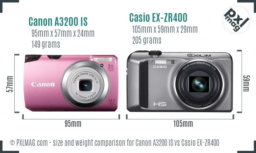 Canon A3200 IS vs Casio EX-ZR400 size comparison Canon A3200 IS vs Casio EX-ZR400 size comparison