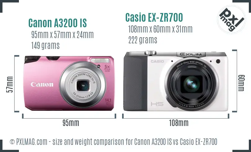Canon A3200 IS vs Casio EX-ZR700 size comparison