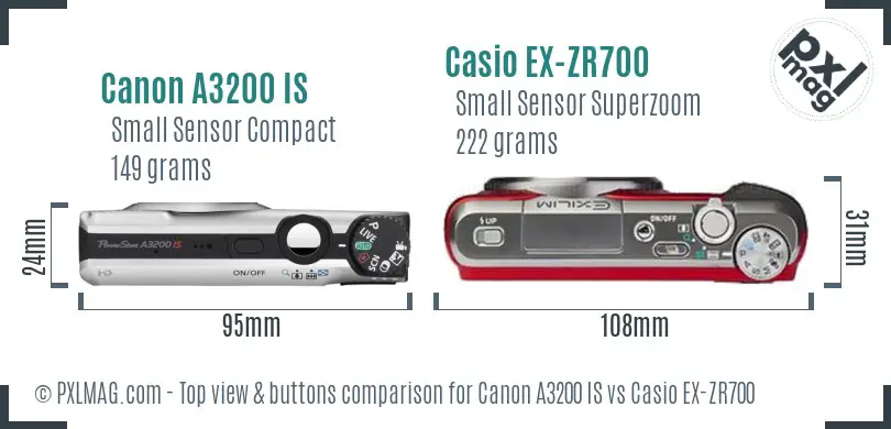 Canon A3200 IS vs Casio EX-ZR700 top view buttons comparison