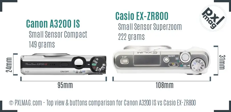 Canon A3200 IS vs Casio EX-ZR800 top view buttons comparison Canon A3200 IS vs Casio EX-ZR800 top view buttons comparison