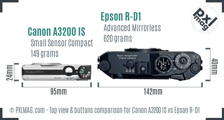 Canon A3200 IS vs Epson R-D1 top view buttons comparison