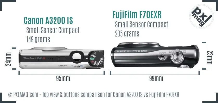 Canon A3200 IS vs FujiFilm F70EXR top view buttons comparison