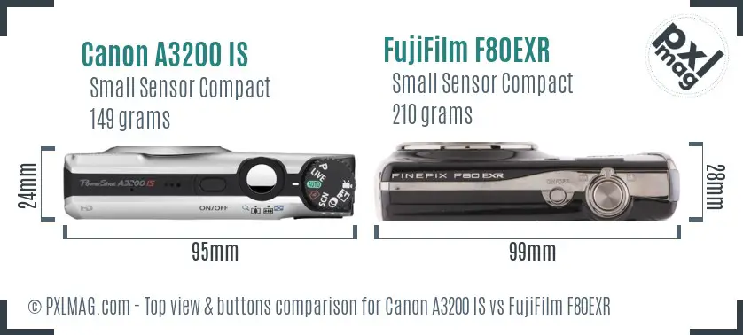 Canon A3200 IS vs FujiFilm F80EXR top view buttons comparison Canon A3200 IS vs FujiFilm F80EXR top view buttons comparison