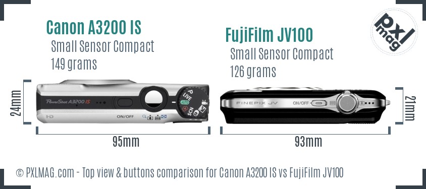 Canon A3200 IS vs FujiFilm JV100 top view buttons comparison