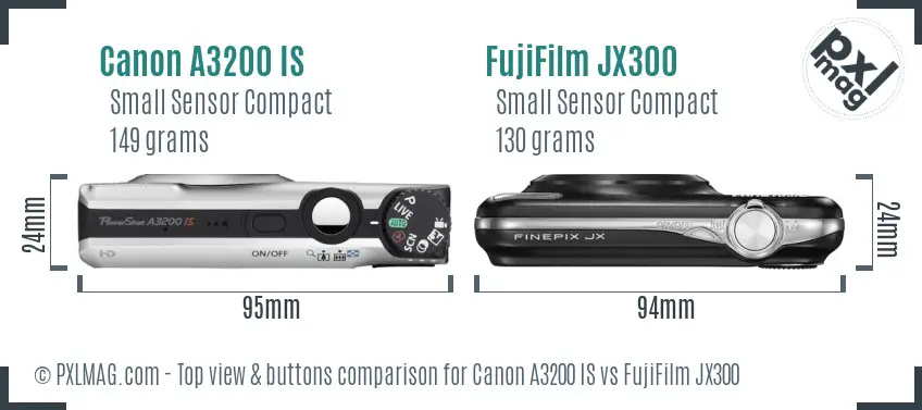 Canon A3200 IS vs FujiFilm JX300 top view buttons comparison