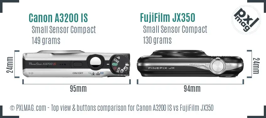 Canon A3200 IS vs FujiFilm JX350 top view buttons comparison