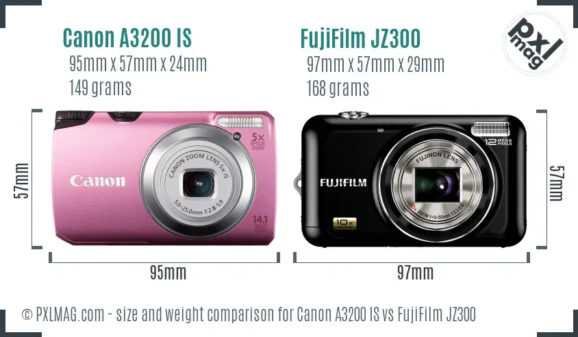 Canon A3200 IS vs FujiFilm JZ300 size comparison