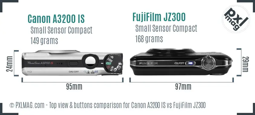 Canon A3200 IS vs FujiFilm JZ300 top view buttons comparison