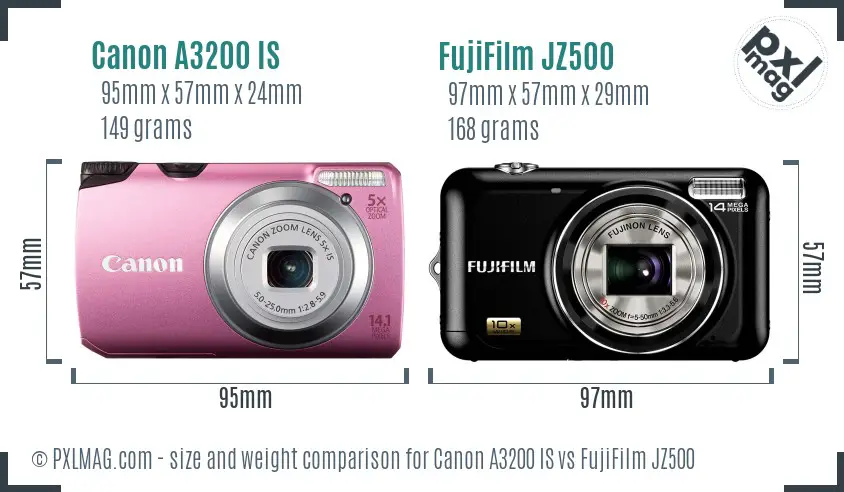 Canon A3200 IS vs FujiFilm JZ500 size comparison Canon A3200 IS vs FujiFilm JZ500 size comparison