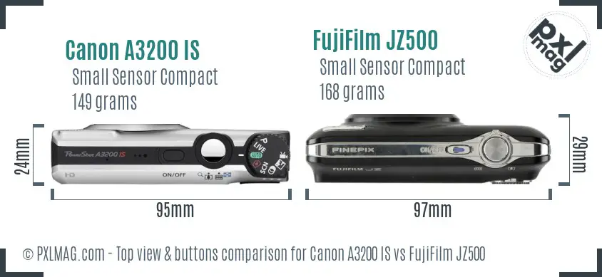 Canon A3200 IS vs FujiFilm JZ500 top view buttons comparison Canon A3200 IS vs FujiFilm JZ500 top view buttons comparison