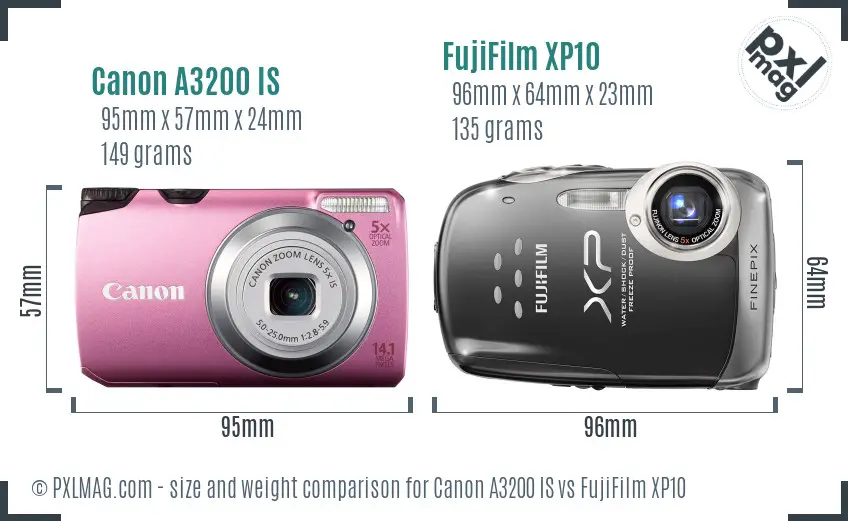Canon A3200 IS vs FujiFilm XP10 size comparison