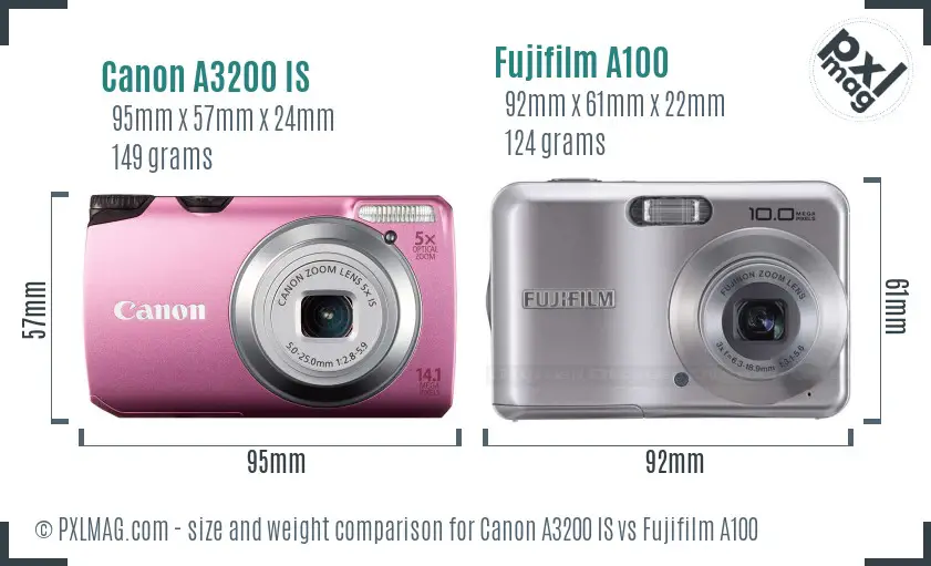 Canon A3200 IS vs Fujifilm A100 size comparison