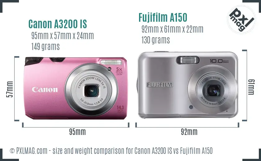 Canon A3200 IS vs Fujifilm A150 size comparison