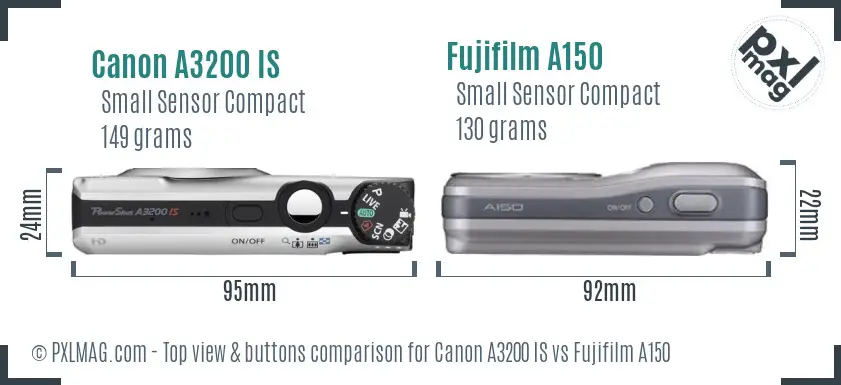 Canon A3200 IS vs Fujifilm A150 top view buttons comparison